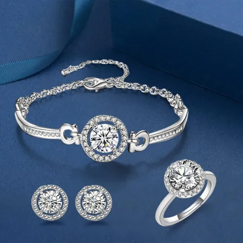 Silver Zircon Circle Design Necklace Set 4 Pcs